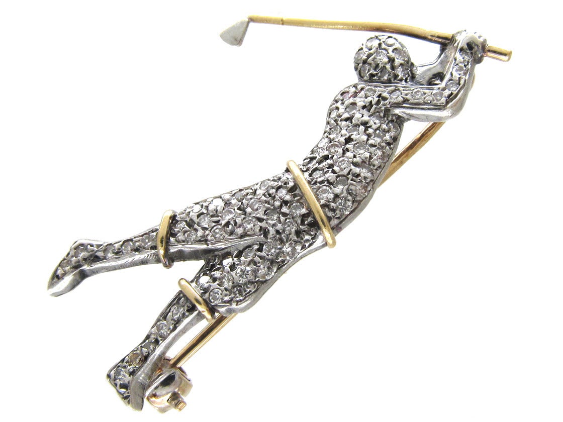 Modern Diamond Studded Gold Golfer Brooch For Sale