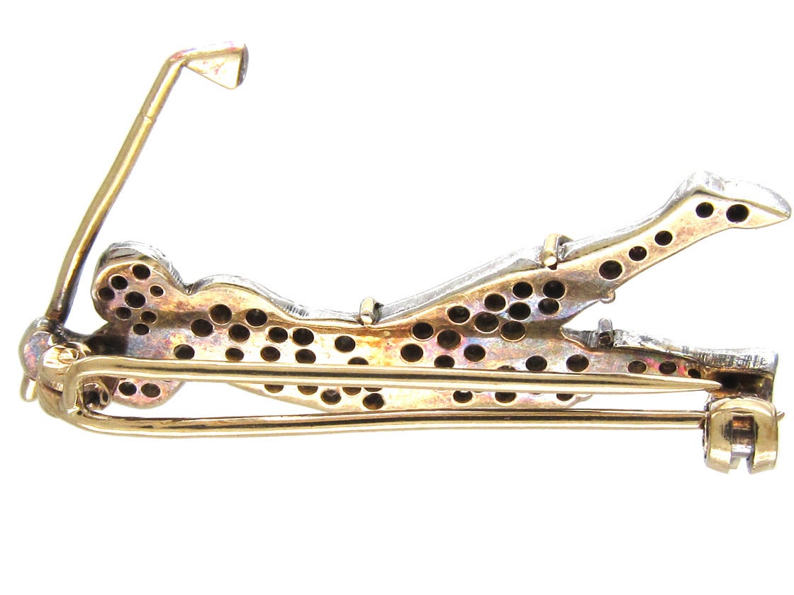 Women's Diamond Studded Gold Golfer Brooch For Sale