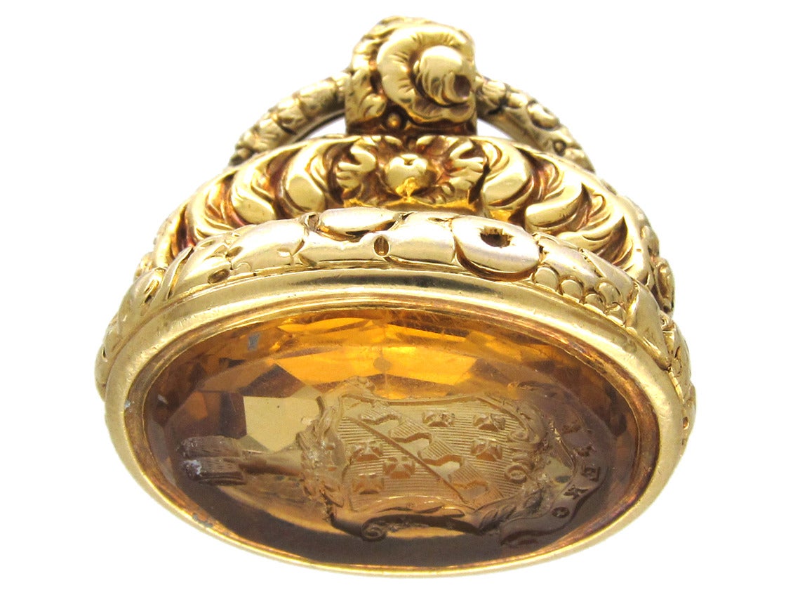 A fine large gold seal, made circa 1800-1820 in the Regency period. It has a very detailed intaglio carved into the citrine of a crest with the word “Spero” meaning “Hope”. It would look terrific worn on a mid length gold chain