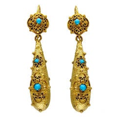Georgian Turquoise Set Gold Drop Earrings
