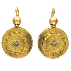 Antique Victorian Diamond Gold Round Etruscan Style Earrings