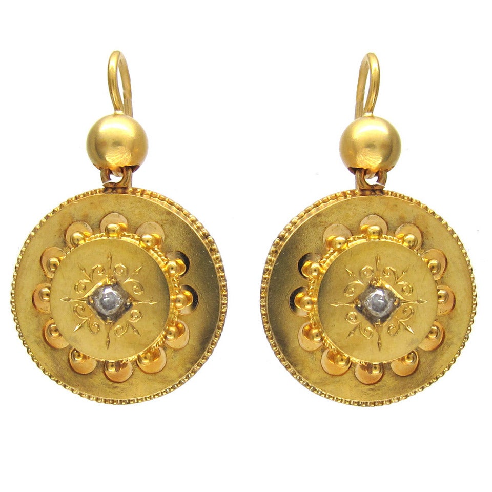 Victorian Diamond Gold Round Etruscan Style Earrings For Sale