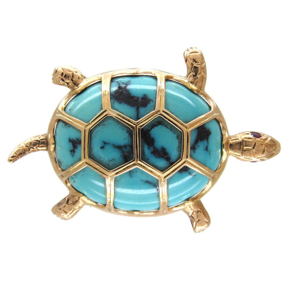 Turquoise Gold Tortoise  Brooch For Sale