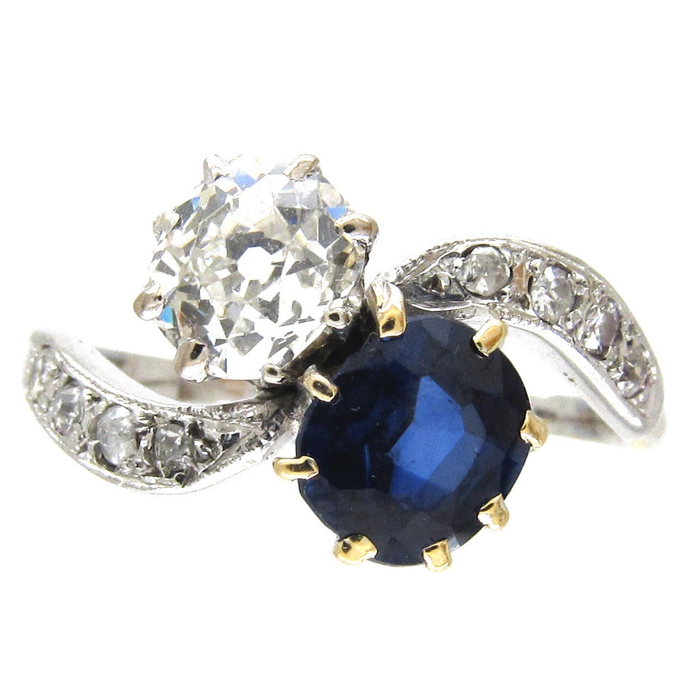 Edwardian Sapphire Diamond Gold Platinum Crossover Ring For Sale