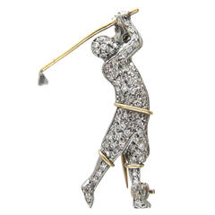 Diamond Studded Gold Golfer Brooch
