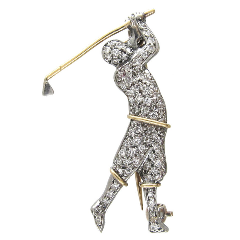 Diamond Studded Gold Golfer Brooch For Sale