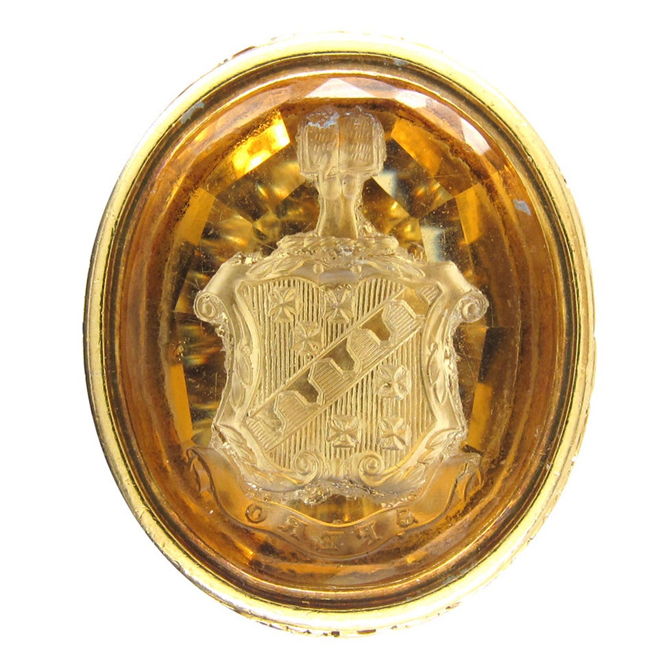 Large Regency Gold Seal with Citrine Intaglio of a Crest For Sale