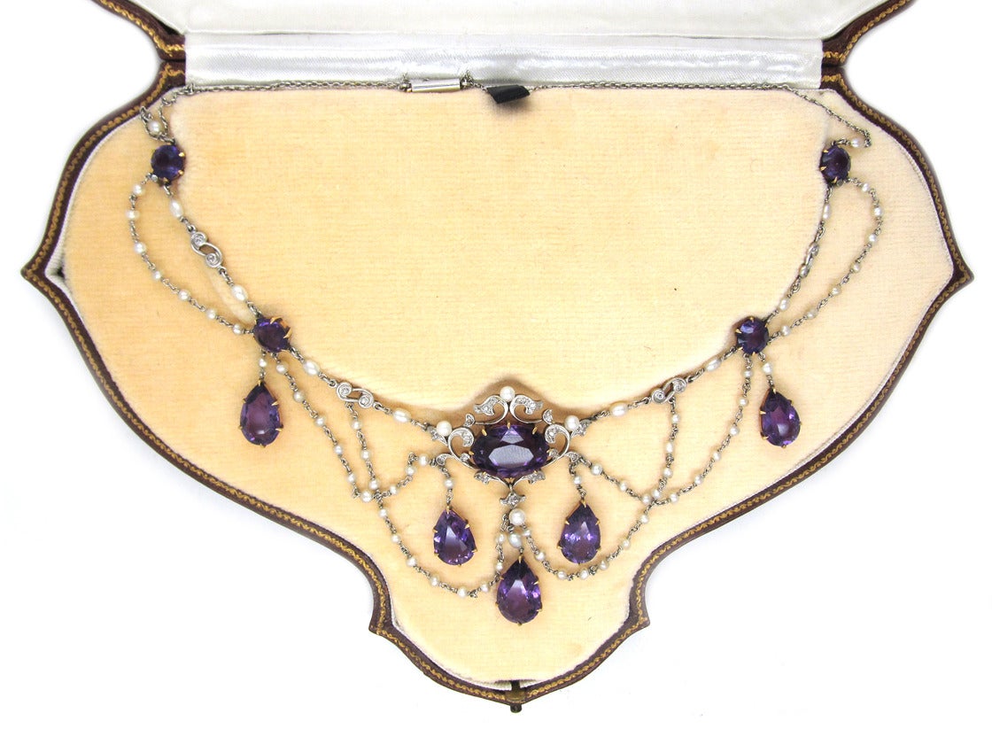 Edwardian Amethyst Natural Pearl Diamond Platinum Necklace In Excellent Condition For Sale In London, GB