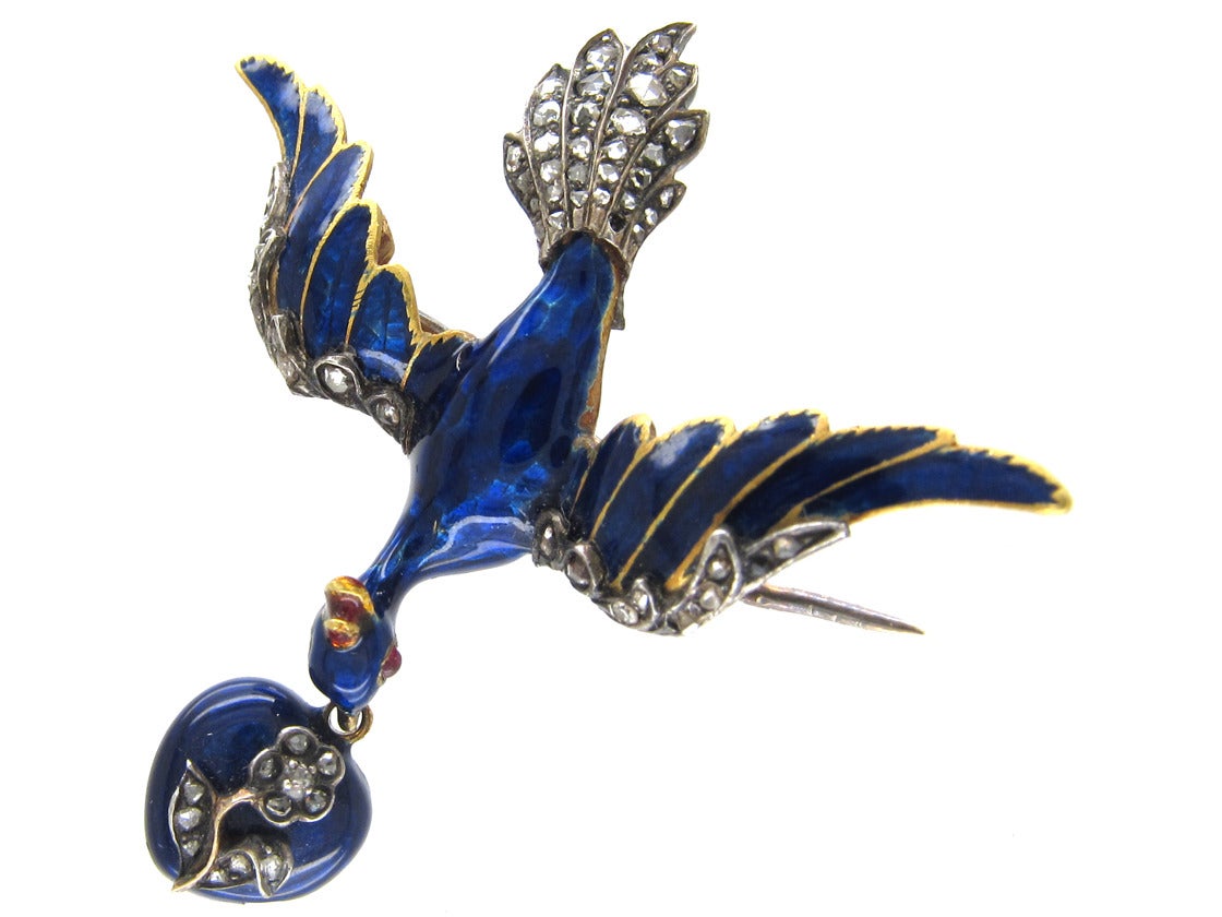 Georgian Royal Blue Enamel Diamond Gold Dove of Peace Brooch In Excellent Condition For Sale In London, GB