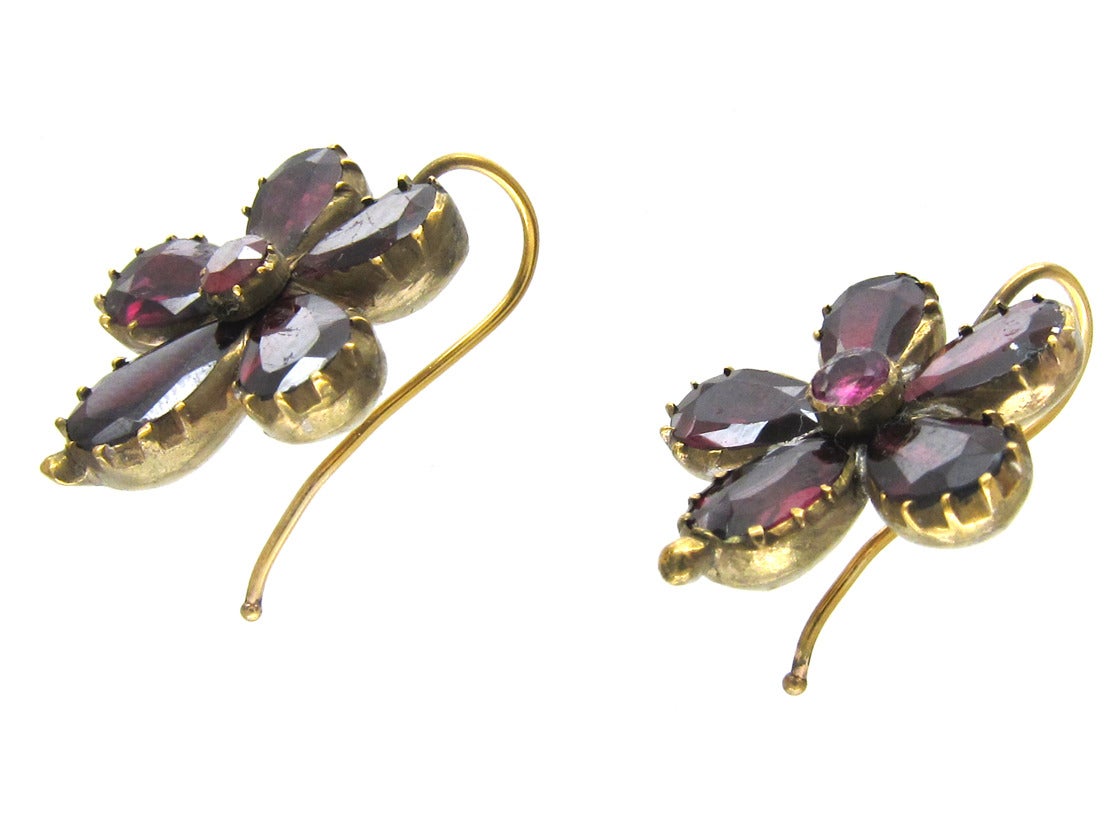 Women's Georgian Flat Cut Almandine Garnet Gold Pansy Earrings For Sale