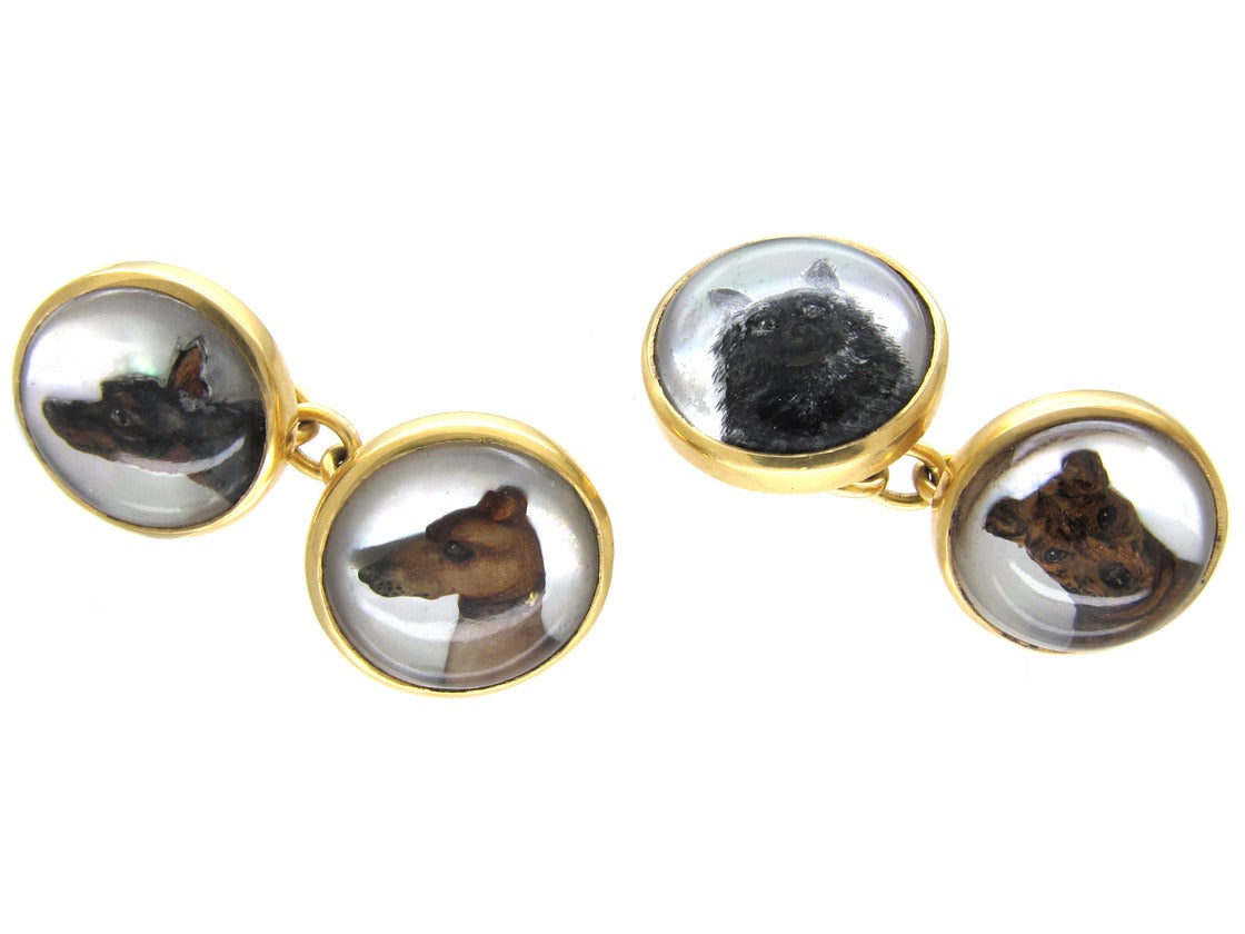 Edwardian Carved Intaglio Rock Crystal Gold Dog and Cat Cufflinks For Sale