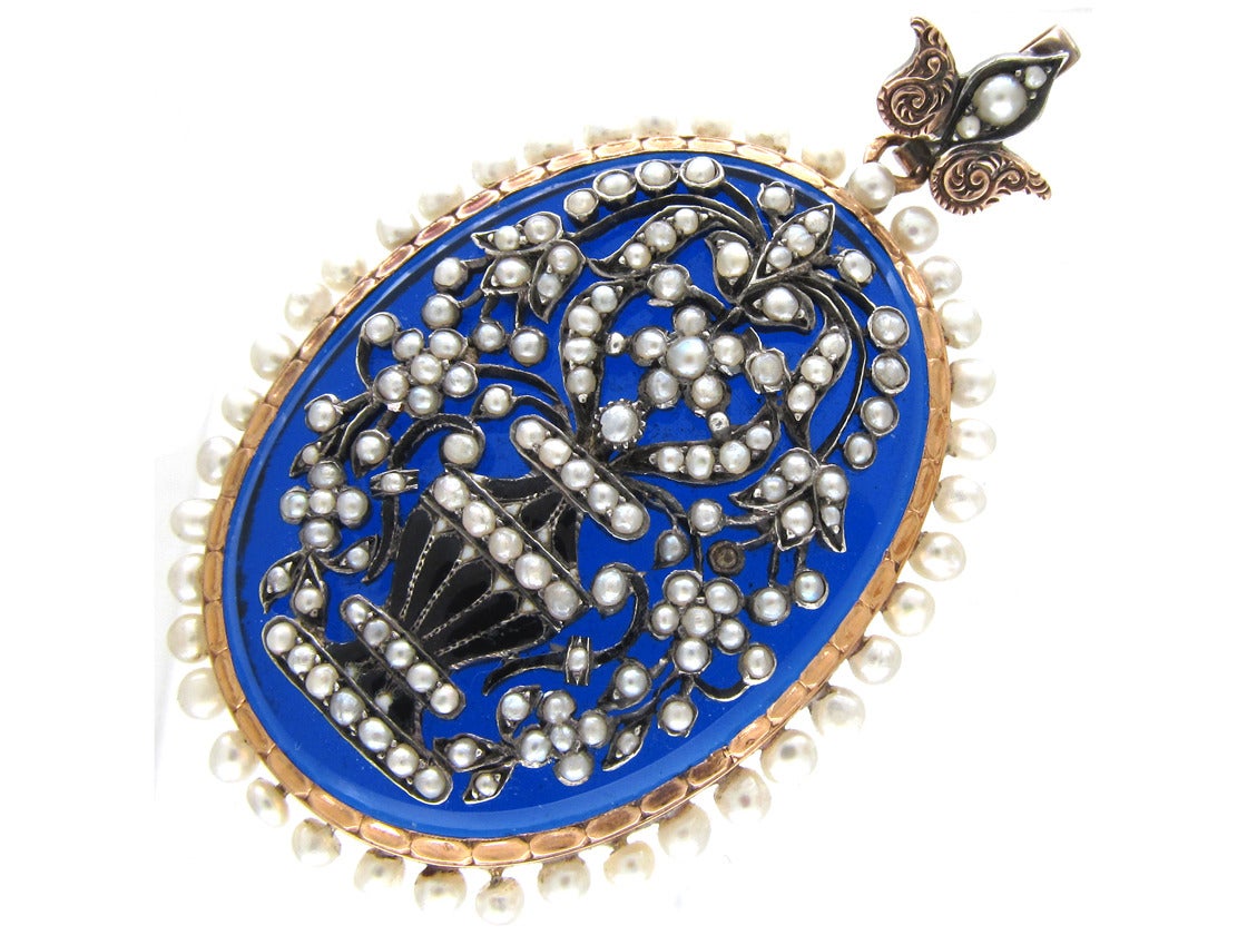 Georgian French Blue Glass Natural Pearl Gold Pendant For Sale
