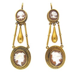 Antique Neoclassical Cameo Gold Drop Earrings