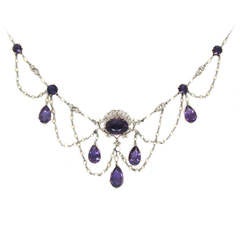 Edwardian Amethyst Natural Pearl Diamond Platinum Necklace