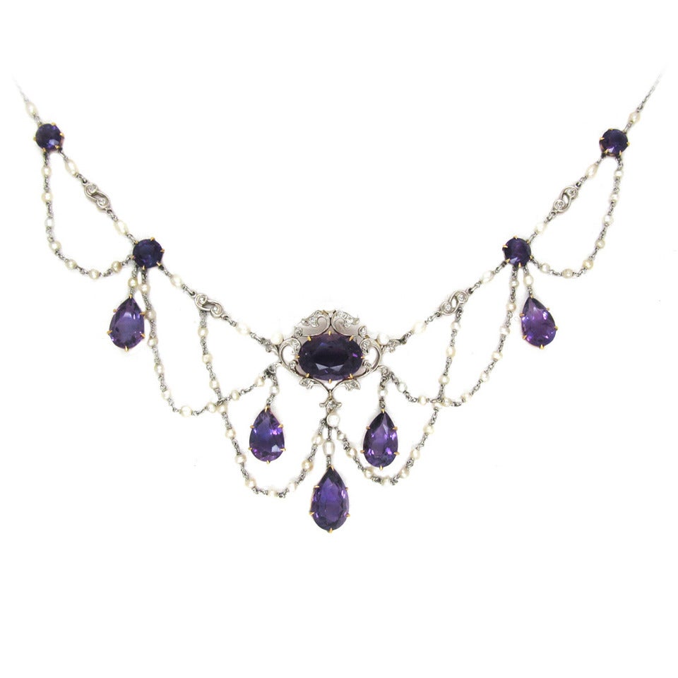 Edwardian Amethyst Natural Pearl Diamond Platinum Necklace For Sale