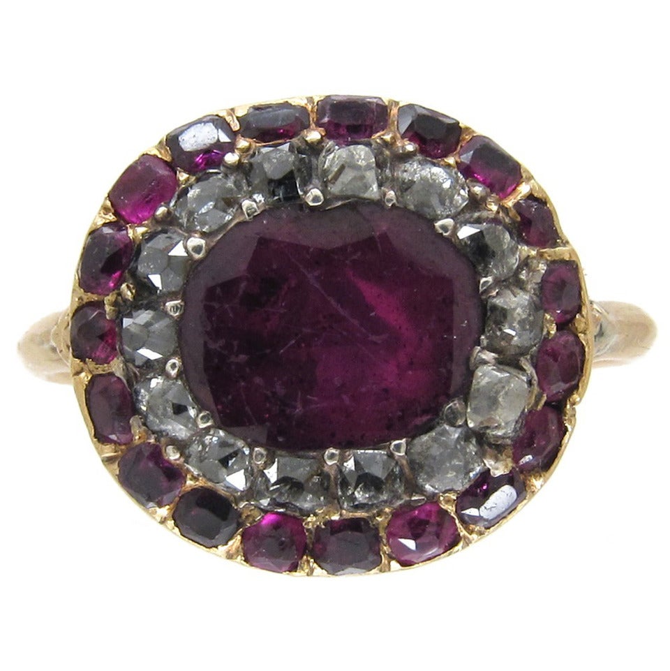 Georgian Almandine Garnet Diamond Gold Ring For Sale