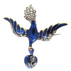 Antique Georgian Royal Blue Enamel Diamond Gold Dove of Peace Brooch