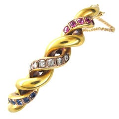 Edwardian Ruby Sapphire Diamond Gold Bangle
