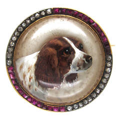 Antique Crystal Mother-of-Pearl Ruby Diamond Gold Spaniel Brooch