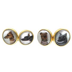 Antique Carved Intaglio Rock Crystal Gold Dog and Cat Cufflinks