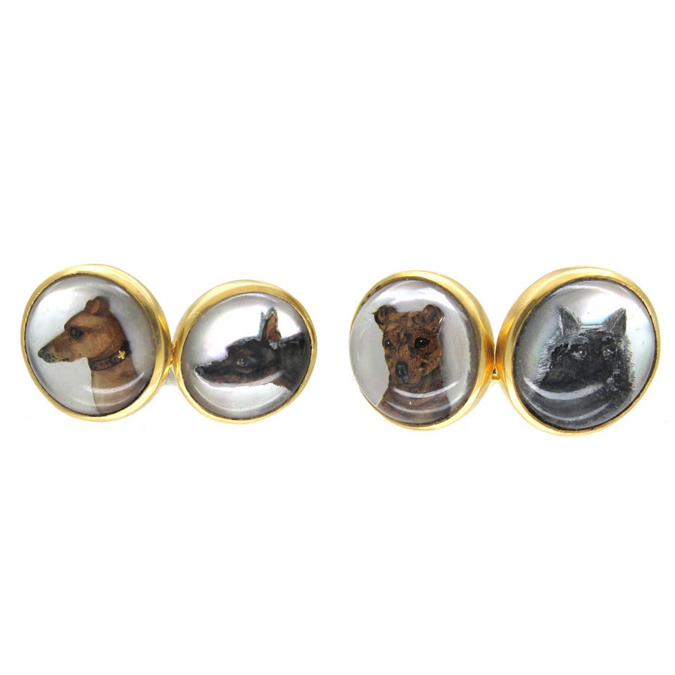 Carved Intaglio Rock Crystal Gold Dog and Cat Cufflinks For Sale
