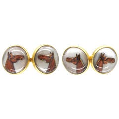 Reverse Intaglio Rock Crystal Gold Horse Cufflinks