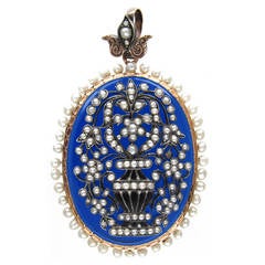 French Blue Glass Natural Pearl Gold Pendant
