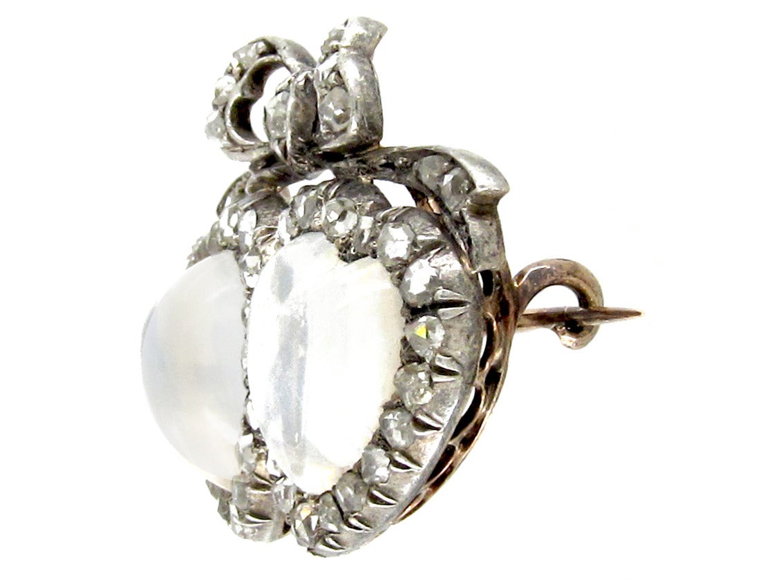 Women's Edwardian Double Heart Moonstone Diamond Silver Gold Brooch For Sale