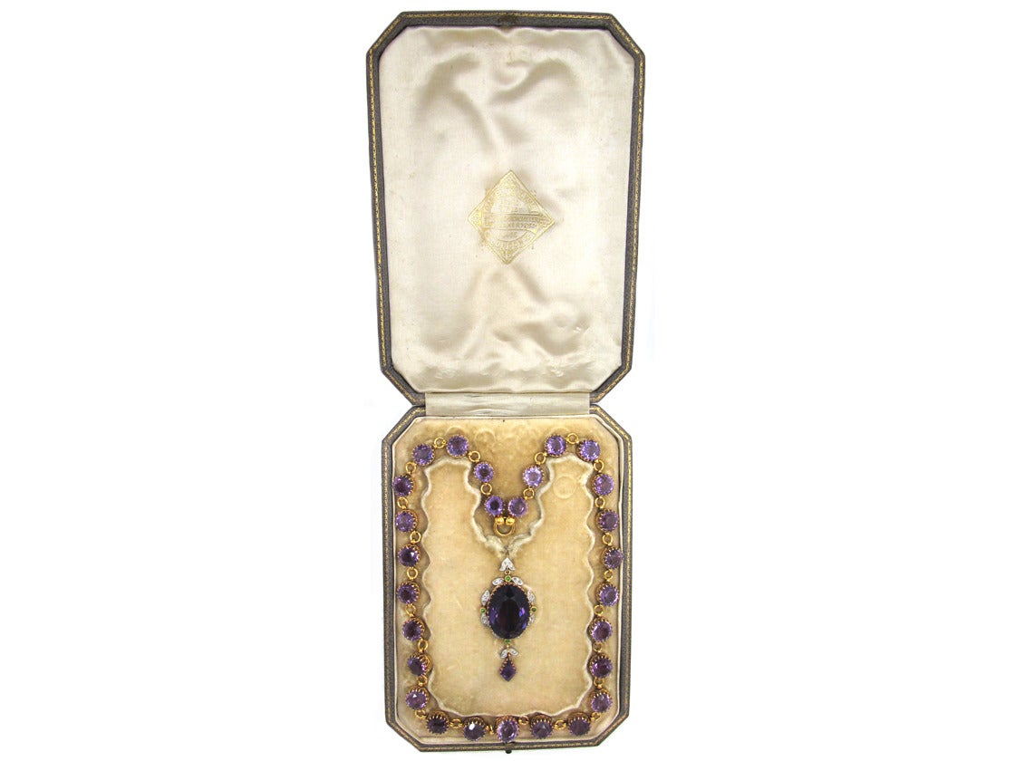 Amethyst Garnet Diamond Gold Suffragette Necklace and Pendant in Original Case For Sale 3