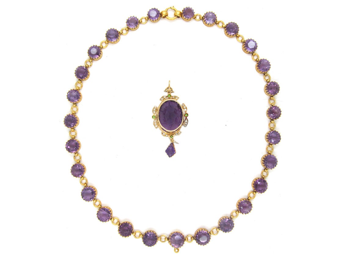 Women's Amethyst Garnet Diamond Gold Suffragette Necklace and Pendant in Original Case For Sale