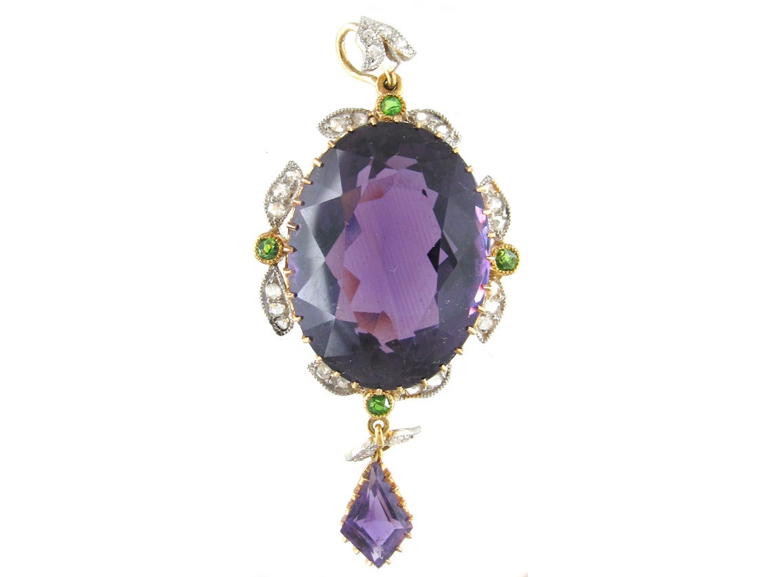 Amethyst Garnet Diamond Gold Suffragette Necklace and Pendant in Original Case For Sale 1