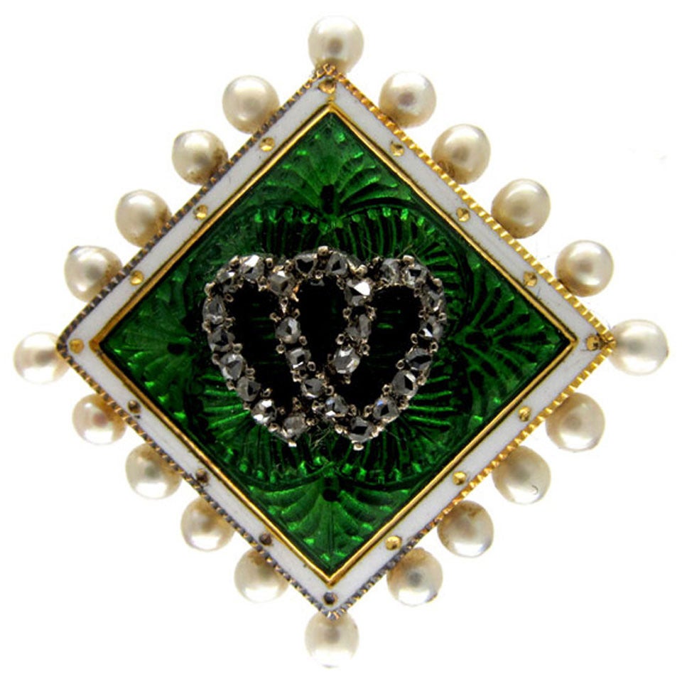 Edwardian Double Heart Pearl Diamond Brooch For Sale