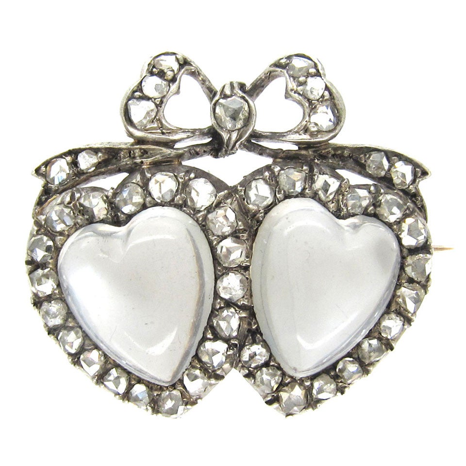 Edwardian Double Heart Moonstone Diamond Silver Gold Brooch For Sale