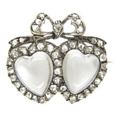 Edwardian Double Heart Moonstone Diamond Silver Gold Brooch