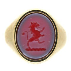 Retro Lion Carnelian Intaglio Gold Signet Ring
