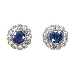 Edwardian Sapphire Diamond Platinum Cluster Earrings