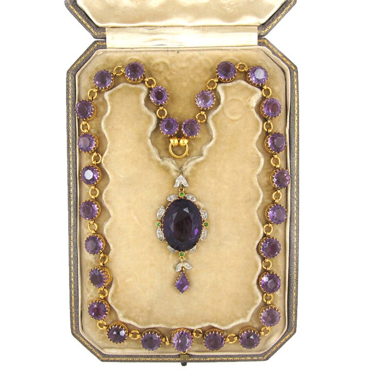 Amethyst Garnet Diamond Gold Suffragette Necklace and Pendant in Original Case For Sale