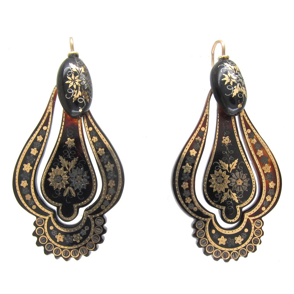 Victorian Tortoiseshell Silver Gold Pique Drop Earrings