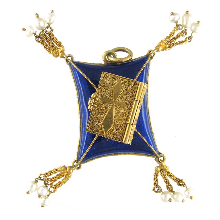 Victorian Enamel Gold Bible on a Cushion Pendant