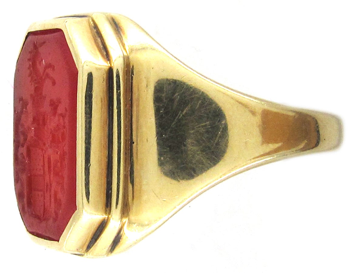 Art Deco Carved Carnelian Gold Intaglio Crest Signet Ring For Sale