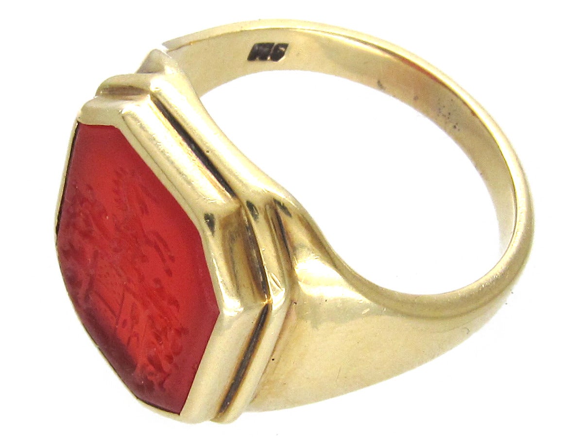 Women's or Men's Carved Carnelian Gold Intaglio Crest Signet Ring For Sale