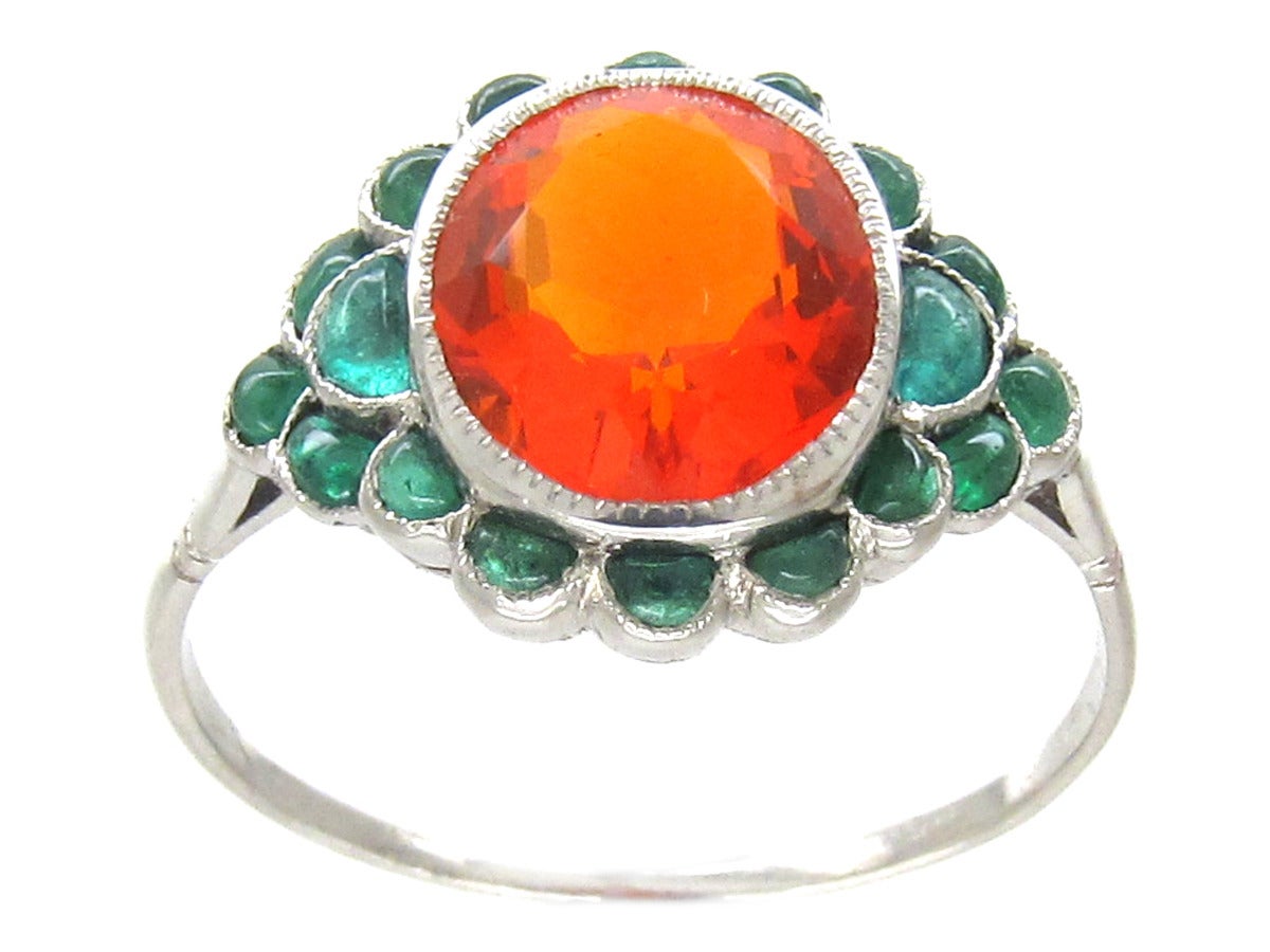 Edwardian Fire Opal Carved Cabochon Emerald Platinum Ring 4