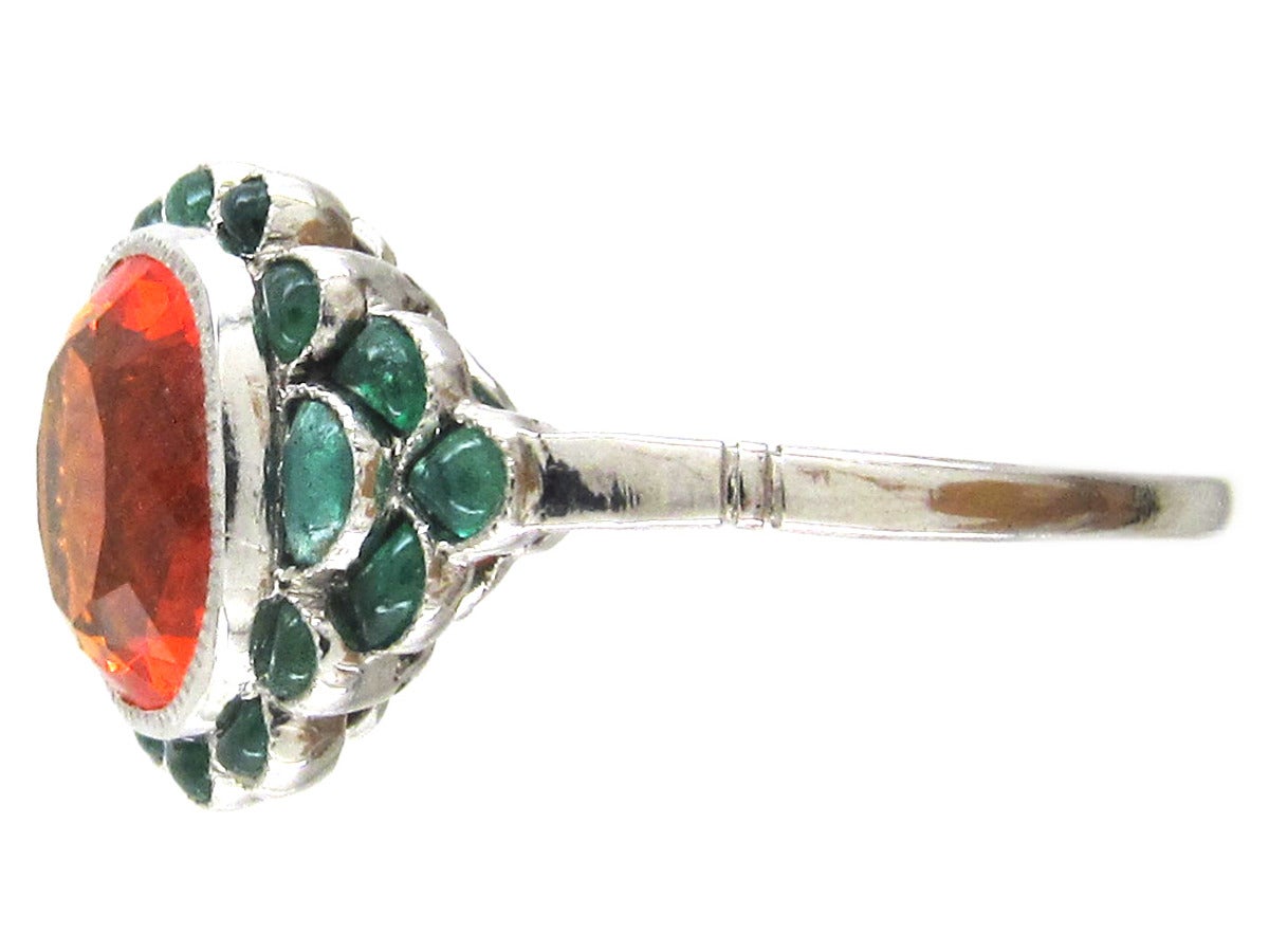 Women's Edwardian Fire Opal Carved Cabochon Emerald Platinum Ring