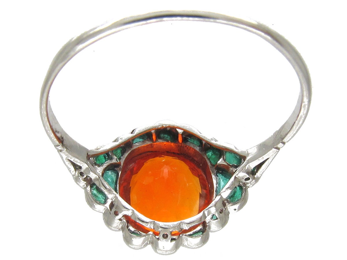 Edwardian Fire Opal Carved Cabochon Emerald Platinum Ring 2