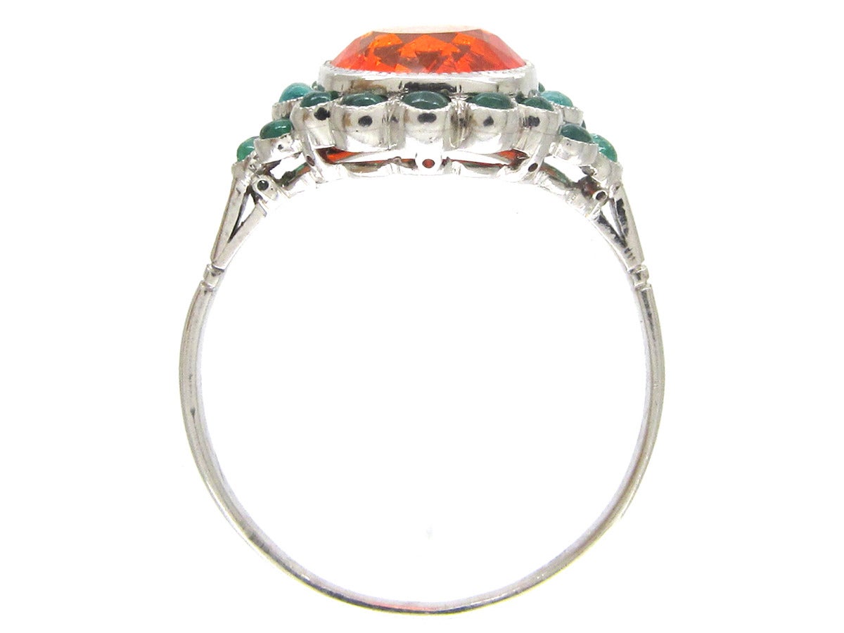 Edwardian Fire Opal Carved Cabochon Emerald Platinum Ring 3