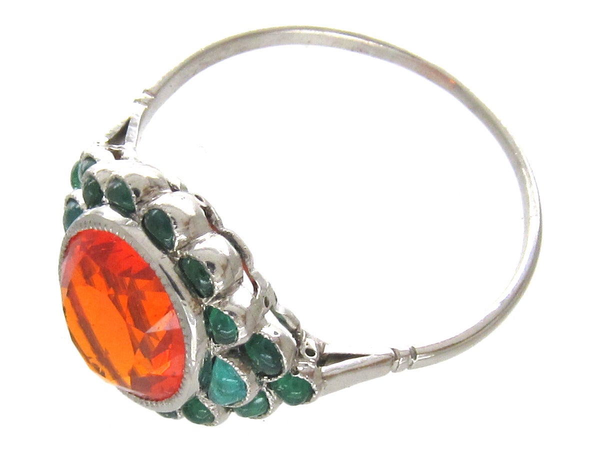 Edwardian Fire Opal Carved Cabochon Emerald Platinum Ring 5