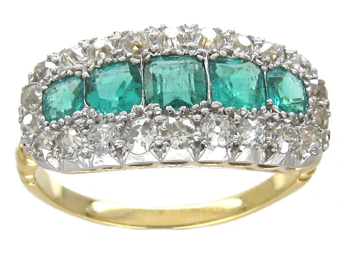 Edwardian Emerald Diamond Five Stone Boat Shaped Ring For Sale 4