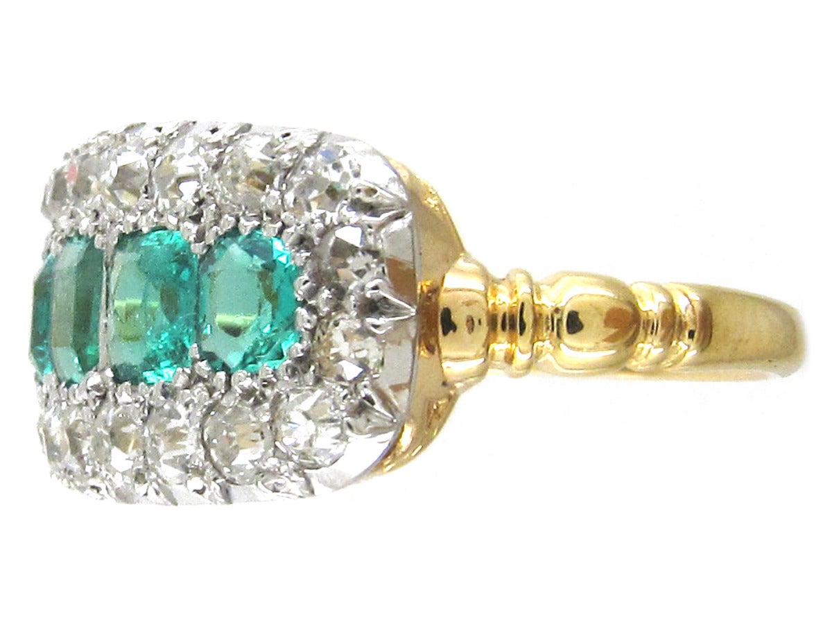 Women's Edwardian Emerald Diamond Five Stone Boat Shaped Ring For Sale