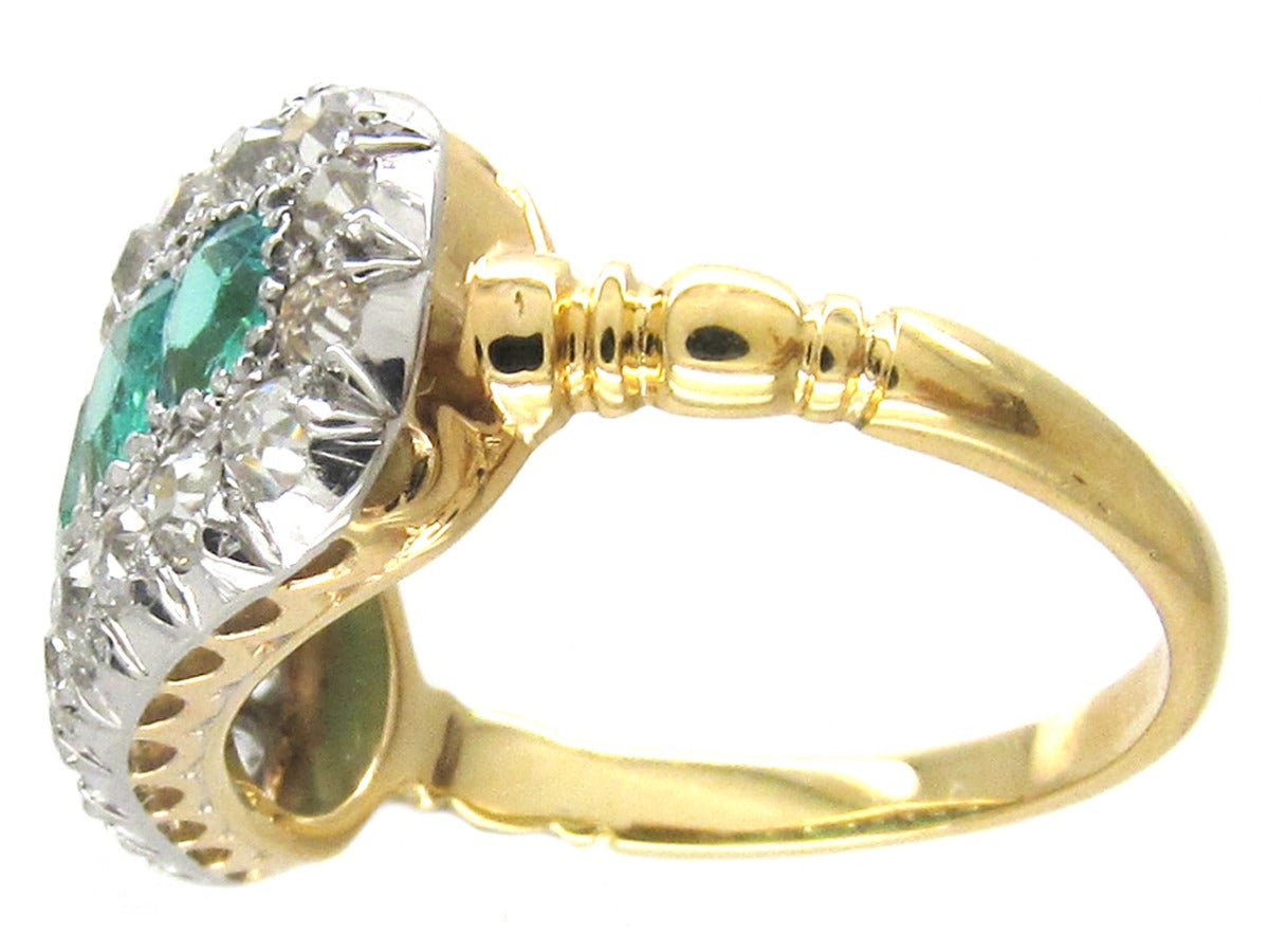 Edwardian Emerald Diamond Five Stone Boat Shaped Ring In Excellent Condition For Sale In London, GB