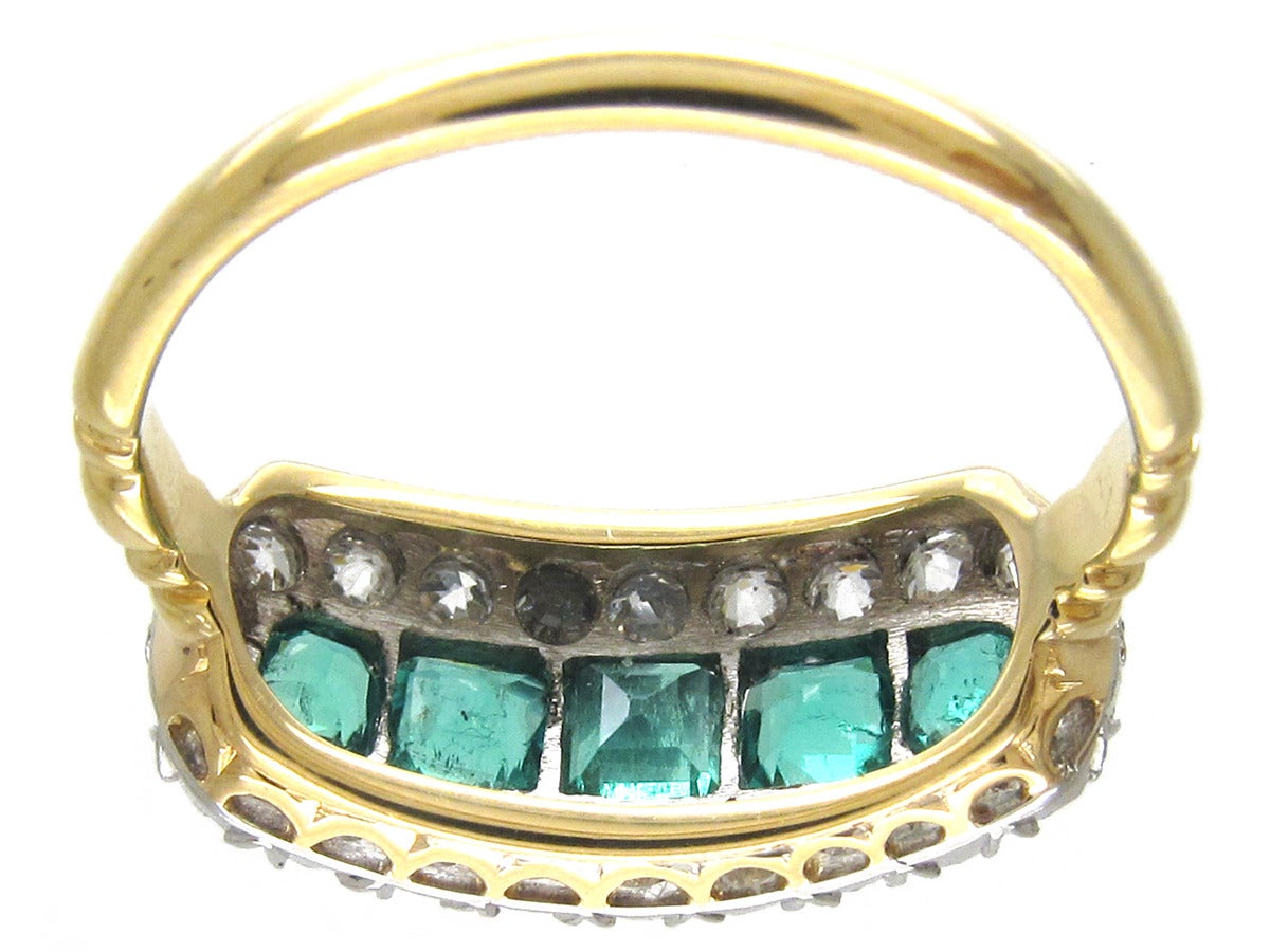 Edwardian Emerald Diamond Five Stone Boat Shaped Ring For Sale 5